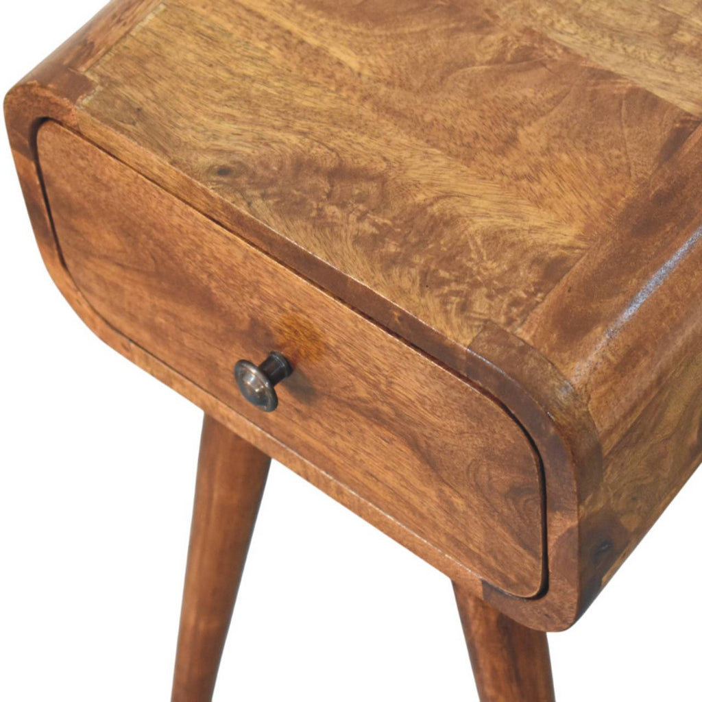 Elora mini chestnut bedside angled view showing natural grain