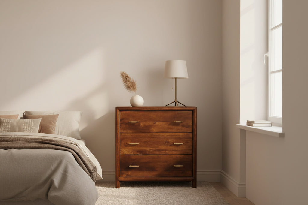 Regency 3-drawer chestnut chest solid mango wood with brass handles – front view