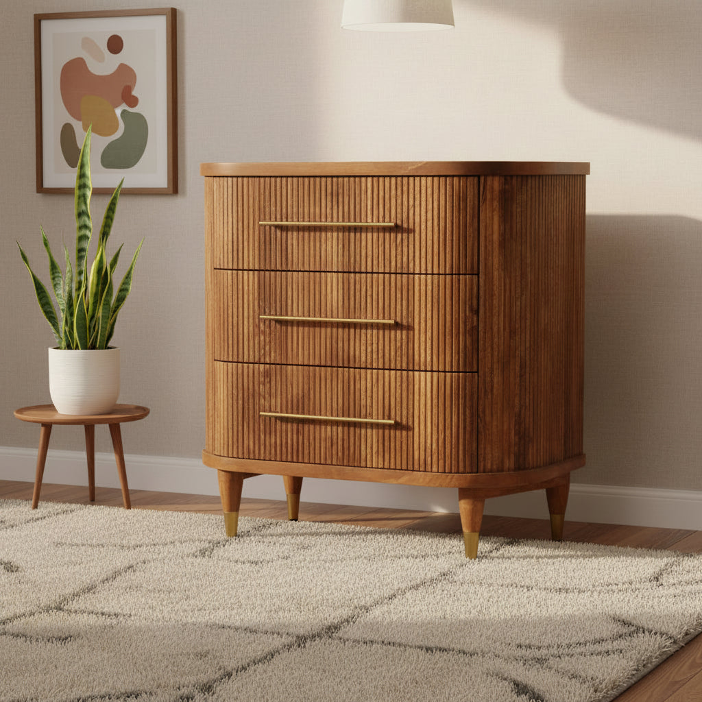 Emerson ribbed oak chest of drawers solid mango wood with ribbed front and antique brass – front view