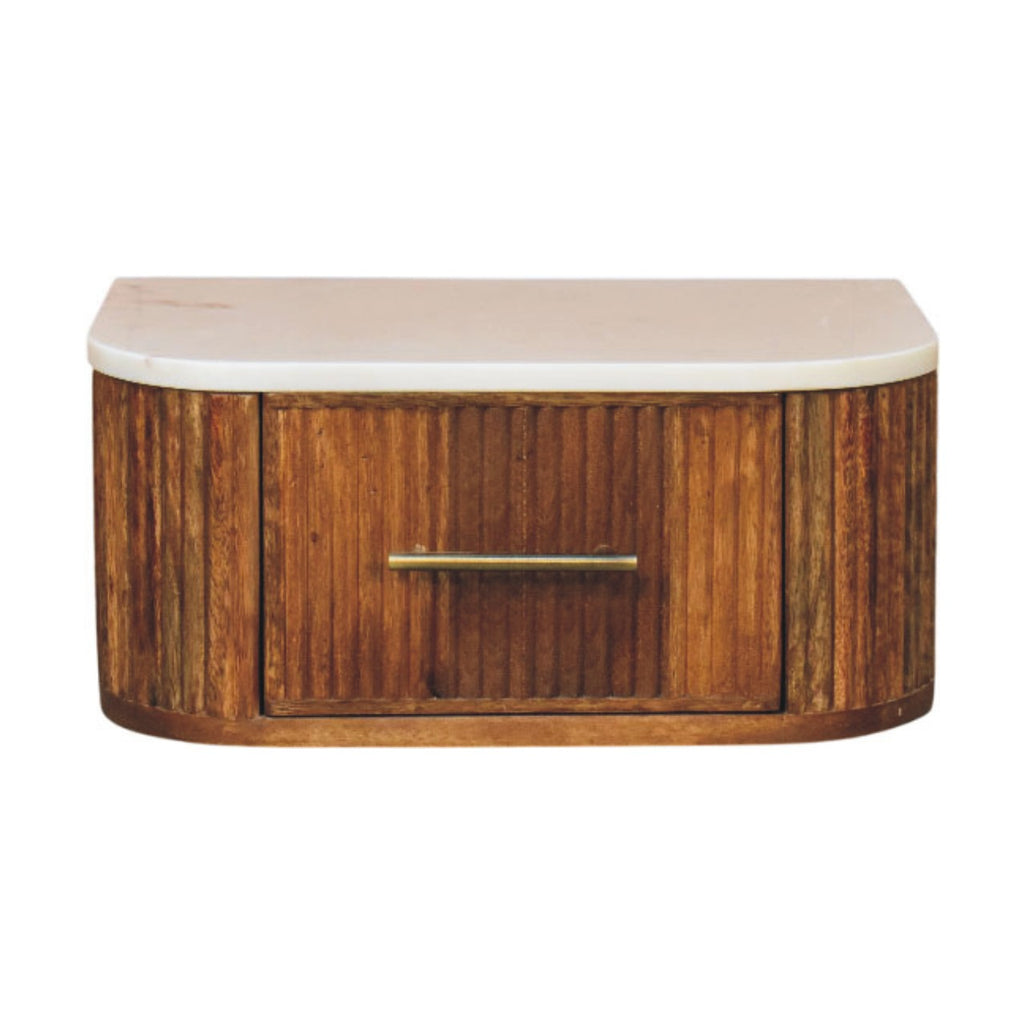 Beaumont wall-mounted bedside table with marble top in golden teak finish – front view