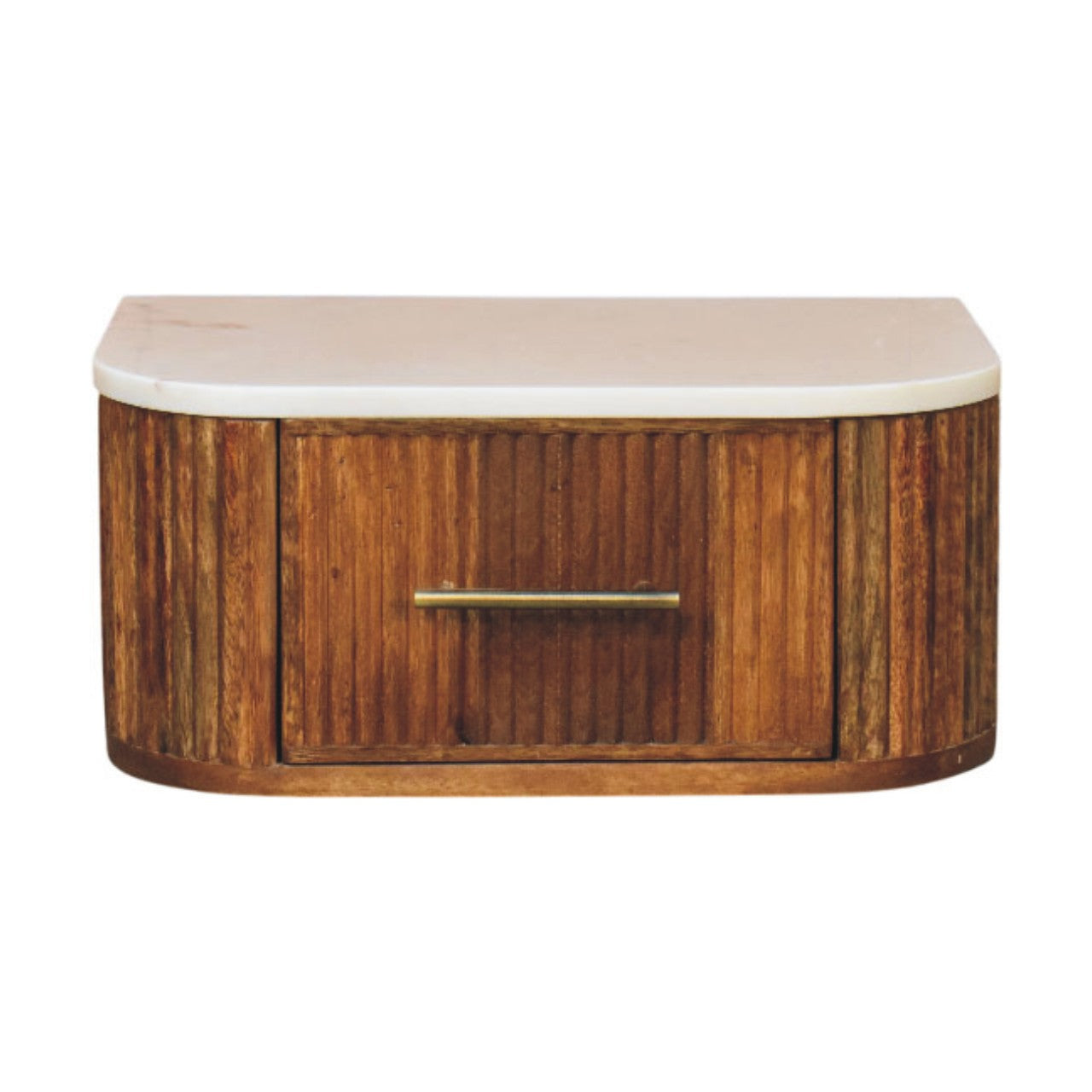 Beaumont wall-mounted bedside table with marble top in golden teak finish – front view