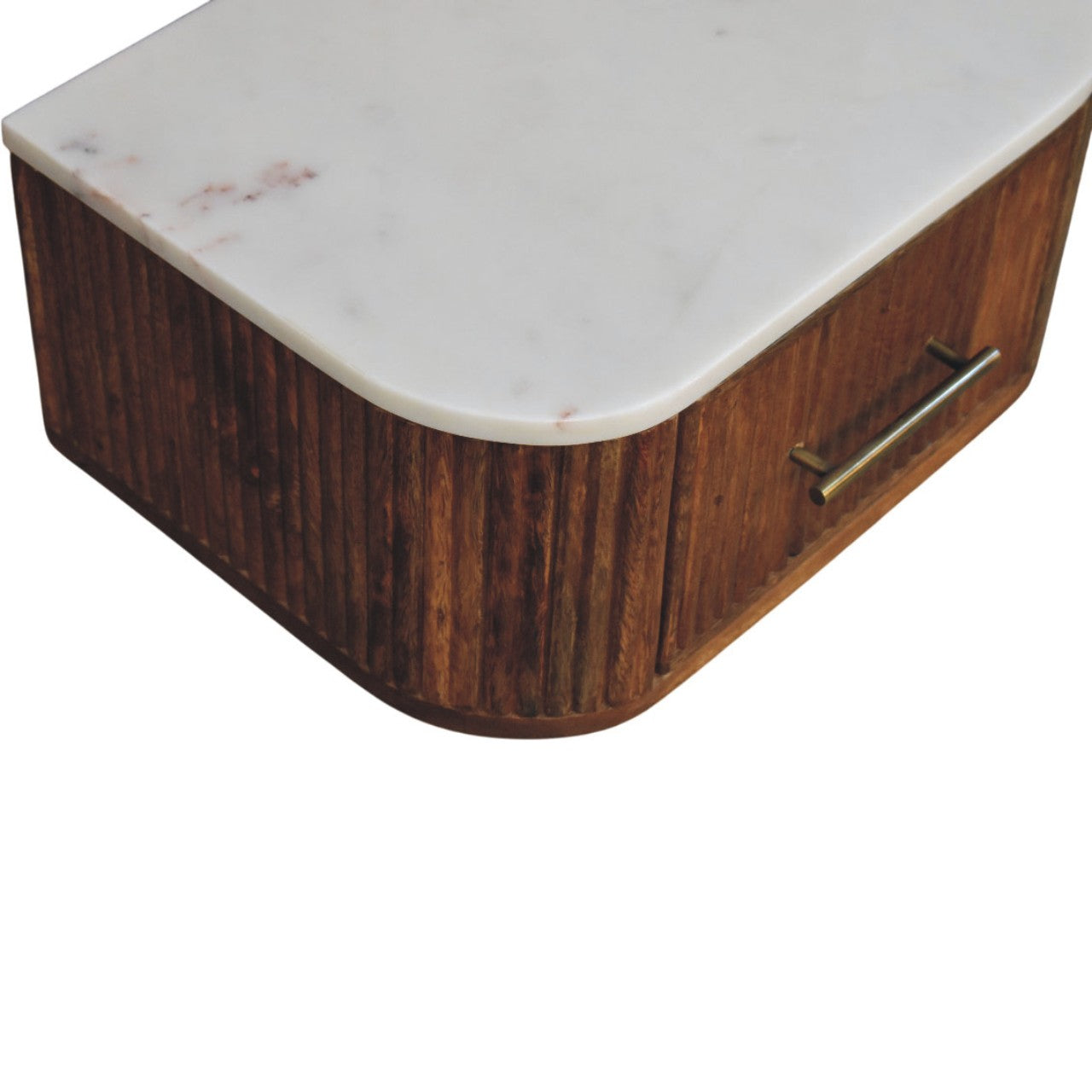 Beaumont bedside table golden teak finish angled view