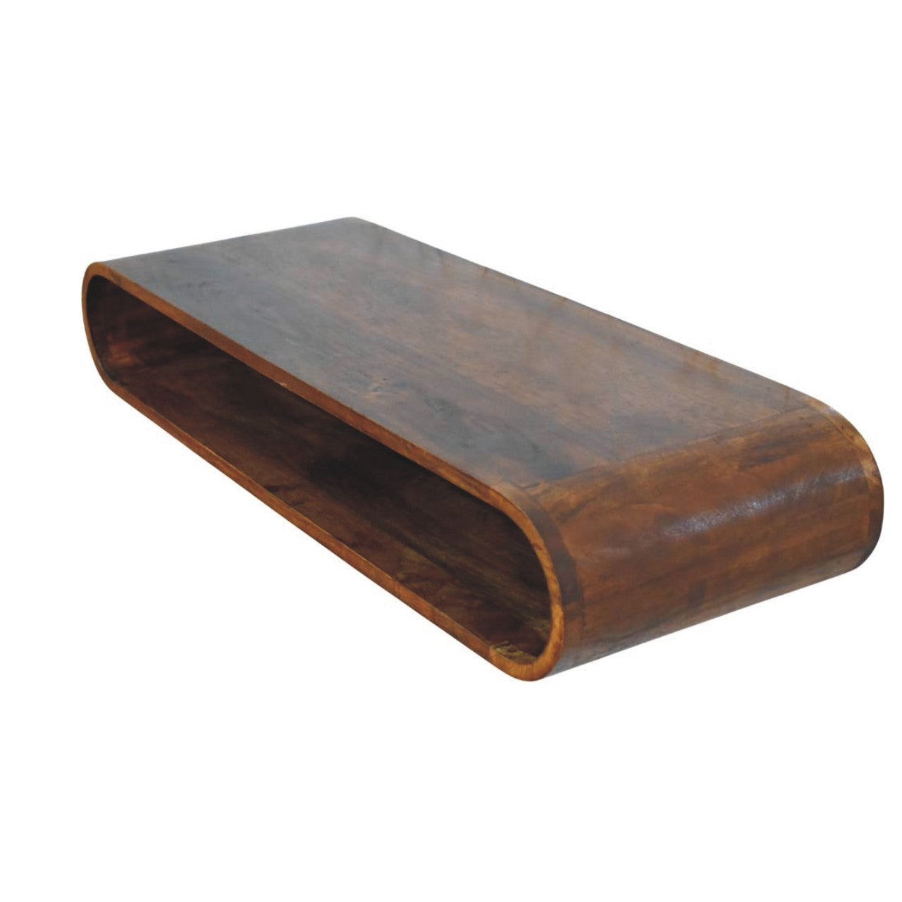 Arc chestnut wall console angled view showing open shelf