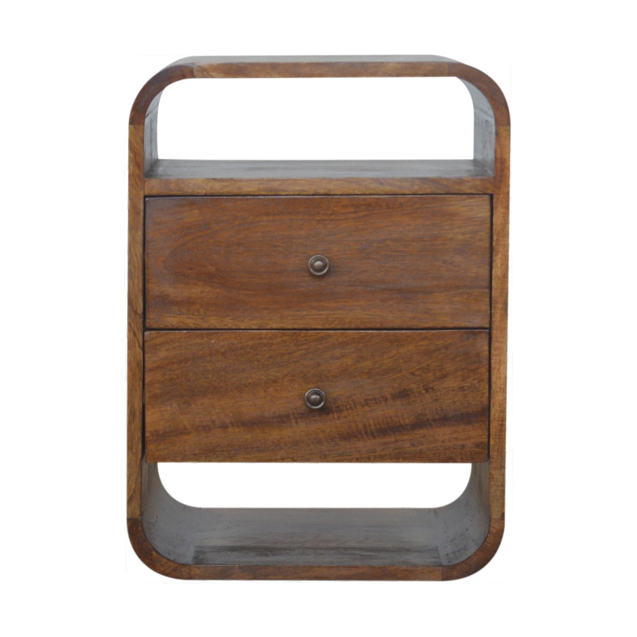 Chestnut curve 2-drawer bedside table solid mango wood with brass knobs – front view