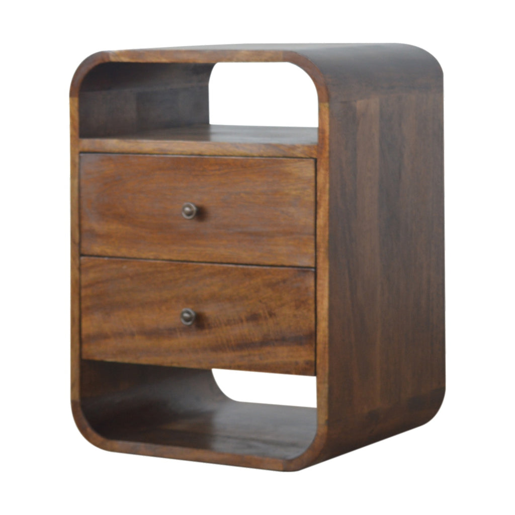Chestnut curve bedside table side view showing rounded edges