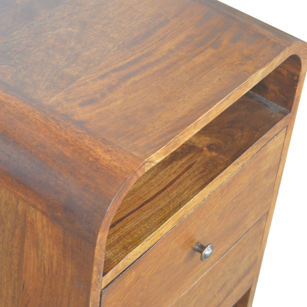 Chestnut bedside table drawer open showing interior storage