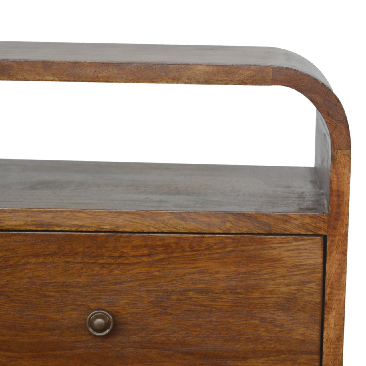 Chestnut 2-drawer bedside table in compact bedroom setting