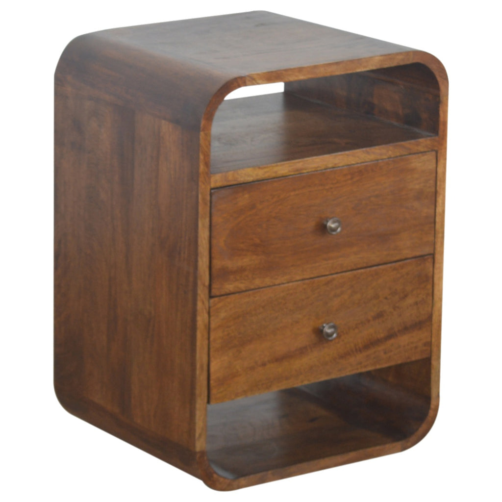 Chestnut bedside table with open storage slots detail