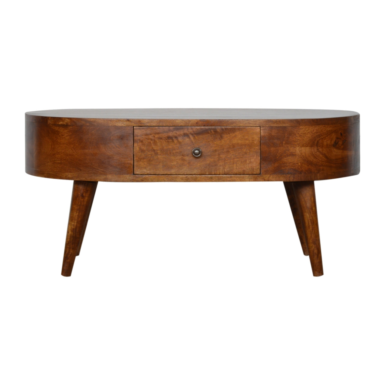 Viola chestnut coffee table side view showing Nordic-style legs