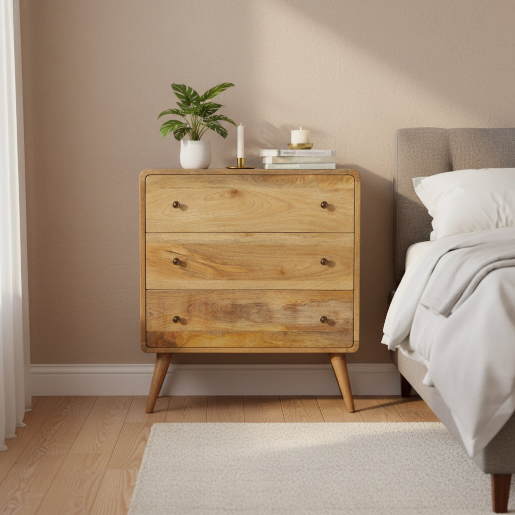 Copenhagen oak chest of drawers solid mango wood with 3 drawers and brass knobs – front view