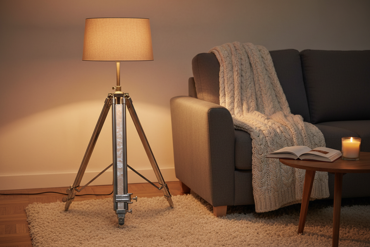Chrome tripod floor lamp with adjustable base and neutral lampshade – full view