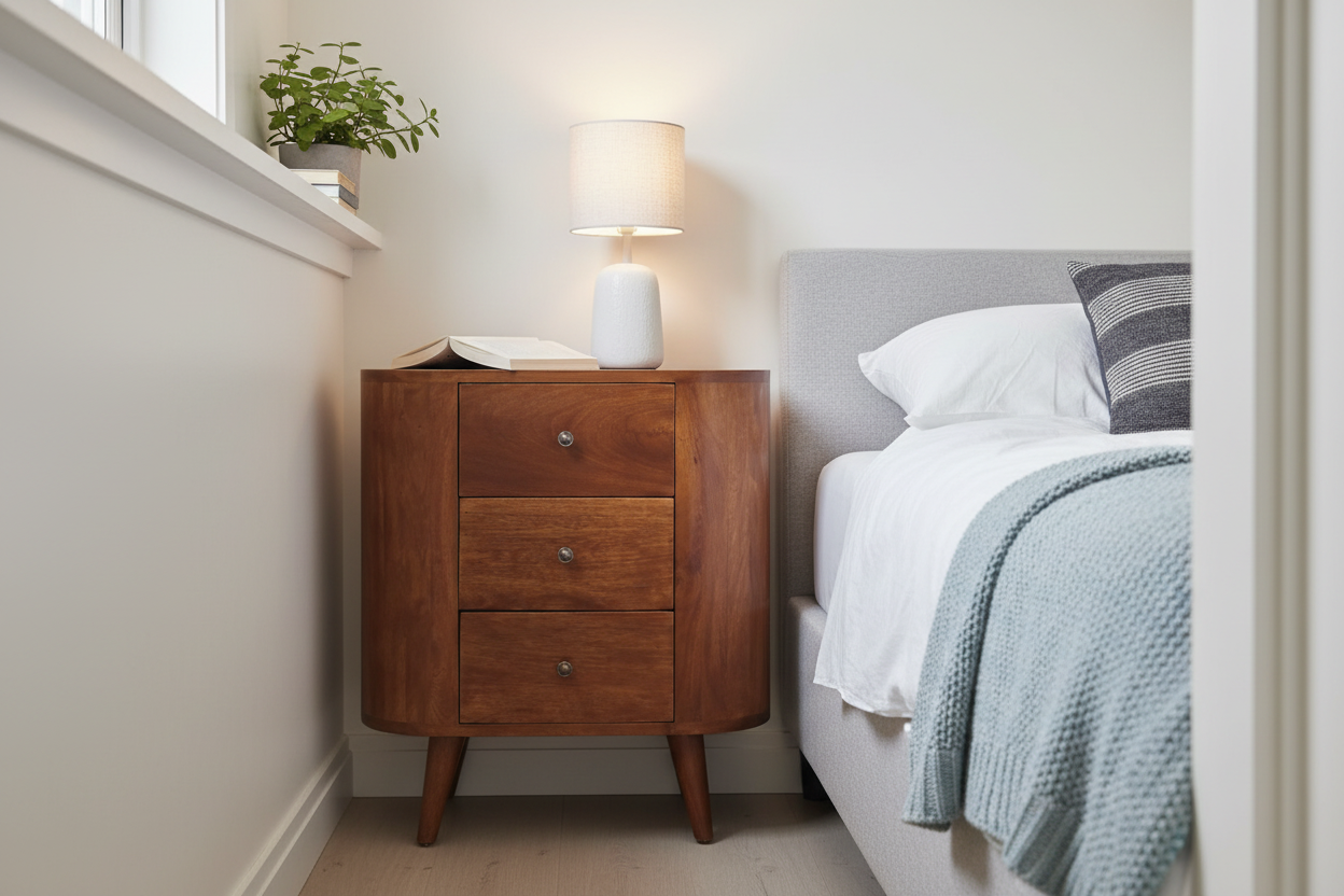 Sienna 3-drawer chestnut chest solid mango wood with brass knobs and Nordic legs – front view