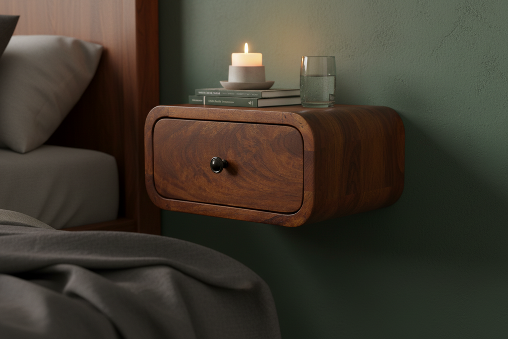 Elora floating chestnut bedside wall-mounted solid mango wood with 1 drawer – front view