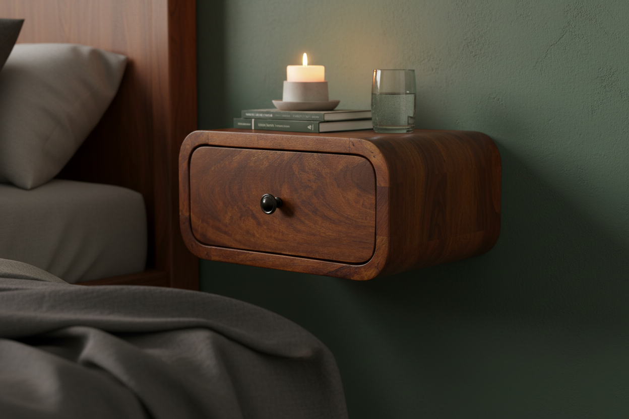Elora floating chestnut bedside wall-mounted solid mango wood with 1 drawer – front view