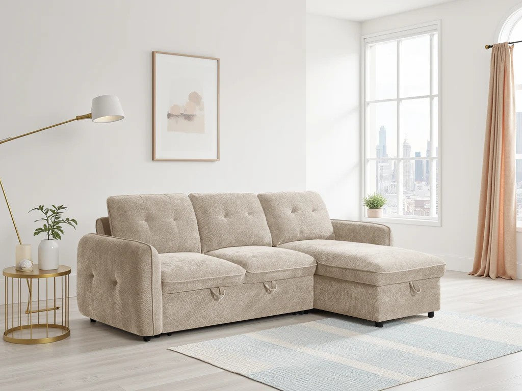 Oslo corner sofa bed in beige – full sofa configuration front view