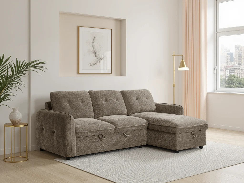Oslo corner sofa bed in brown – full sofa configuration front view