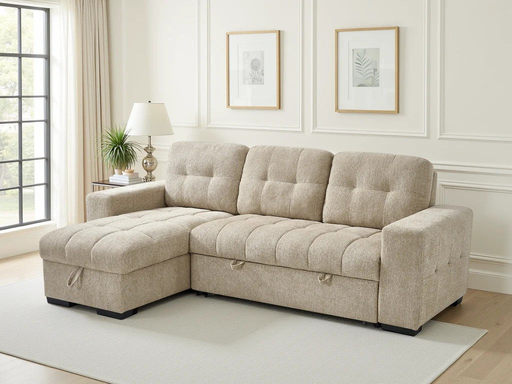 The Sicilian corner sofa bed in beige – full sofa configuration front view
