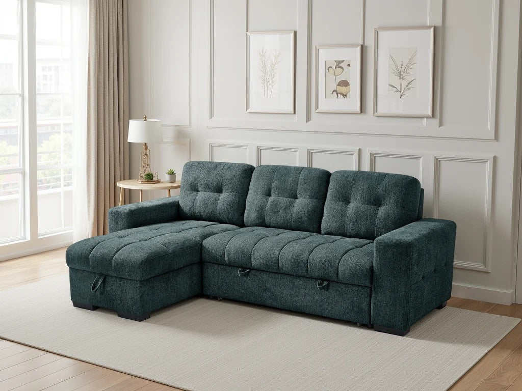The Sicilian corner sofa bed in teal – full sofa configuration front view