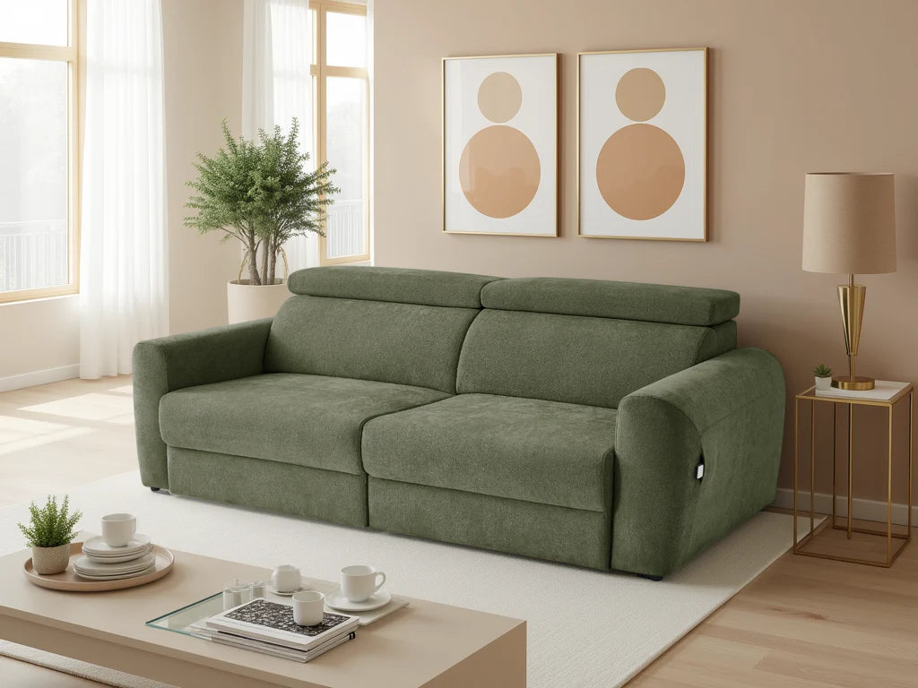 Fortardo electric reclining sofa bed in green 3-seater – sofa position front view