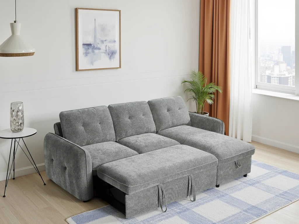 Oslo grey corner sofa bed converted to sleeping position