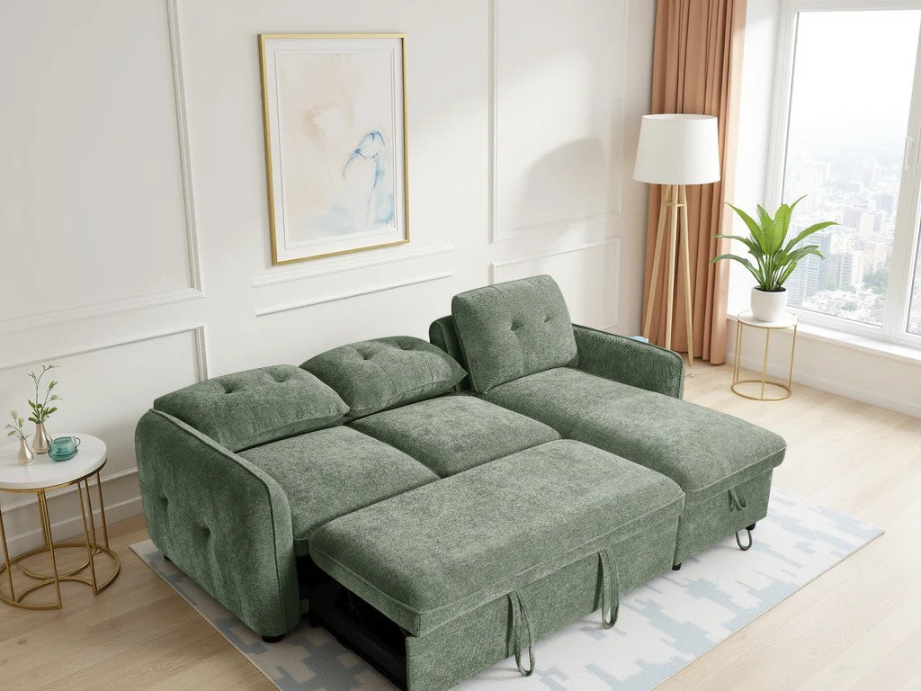 Oslo green corner sofa bed converted to sleeping position
