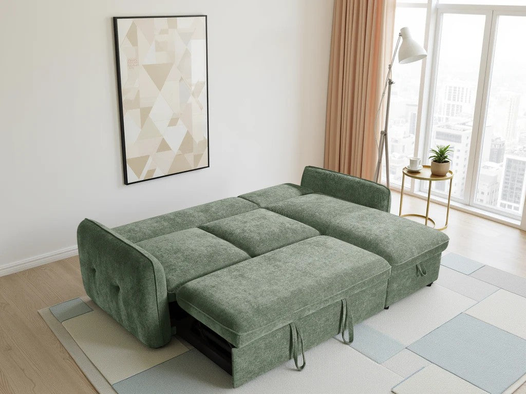 Oslo green sofa bed showing storage and mechanism detail