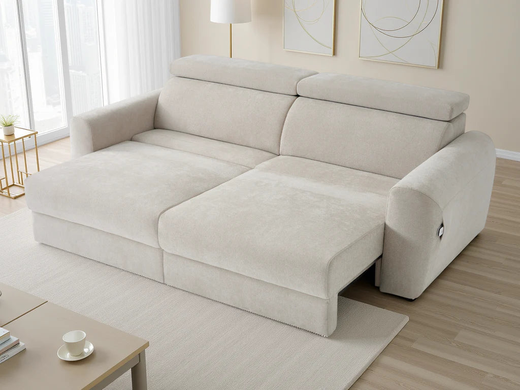 Fortardo beige electric sofa bed reclined showing sleeping area
