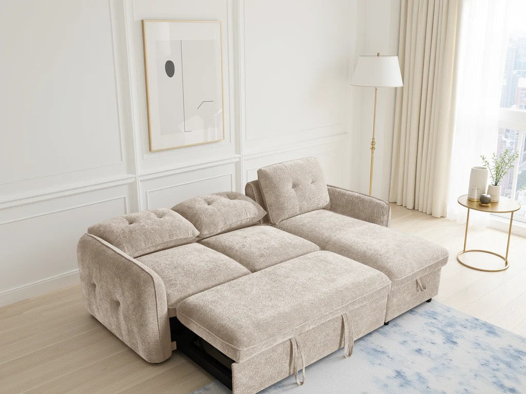 Oslo beige corner sofa bed converted to sleeping position