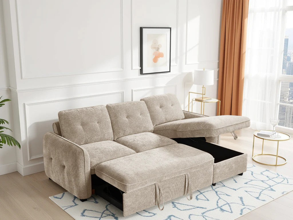 Oslo beige sofa bed showing storage compartment detail