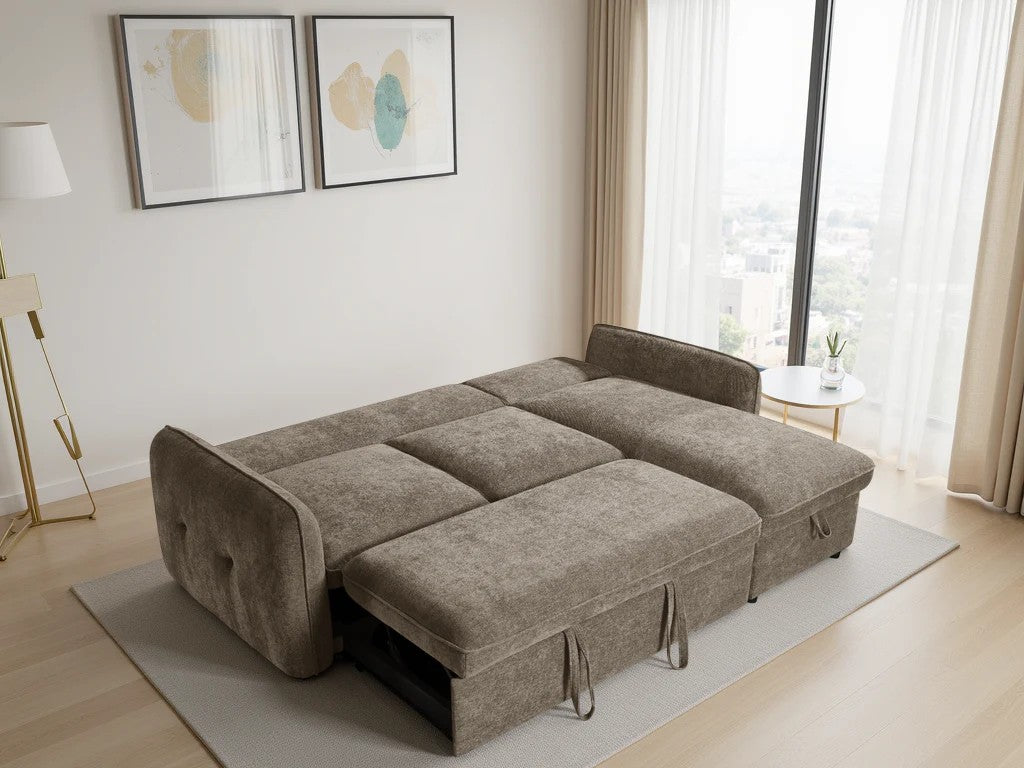 Oslo brown corner sofa bed converted to sleeping position