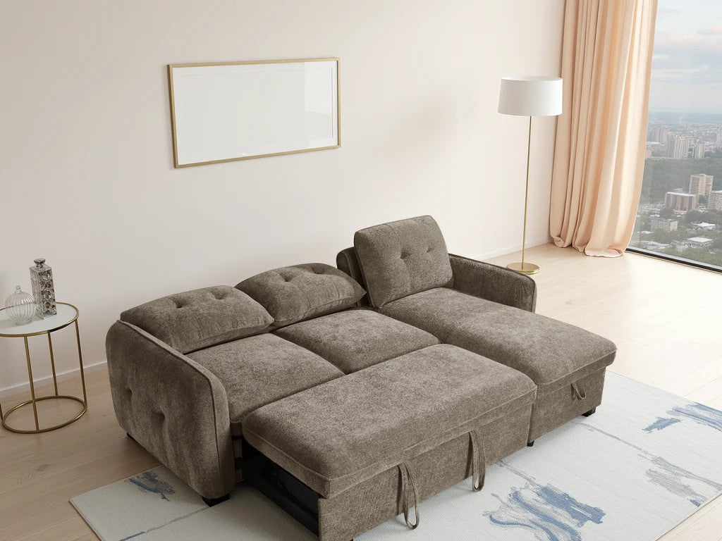 Oslo brown sofa bed showing storage compartment and mechanism