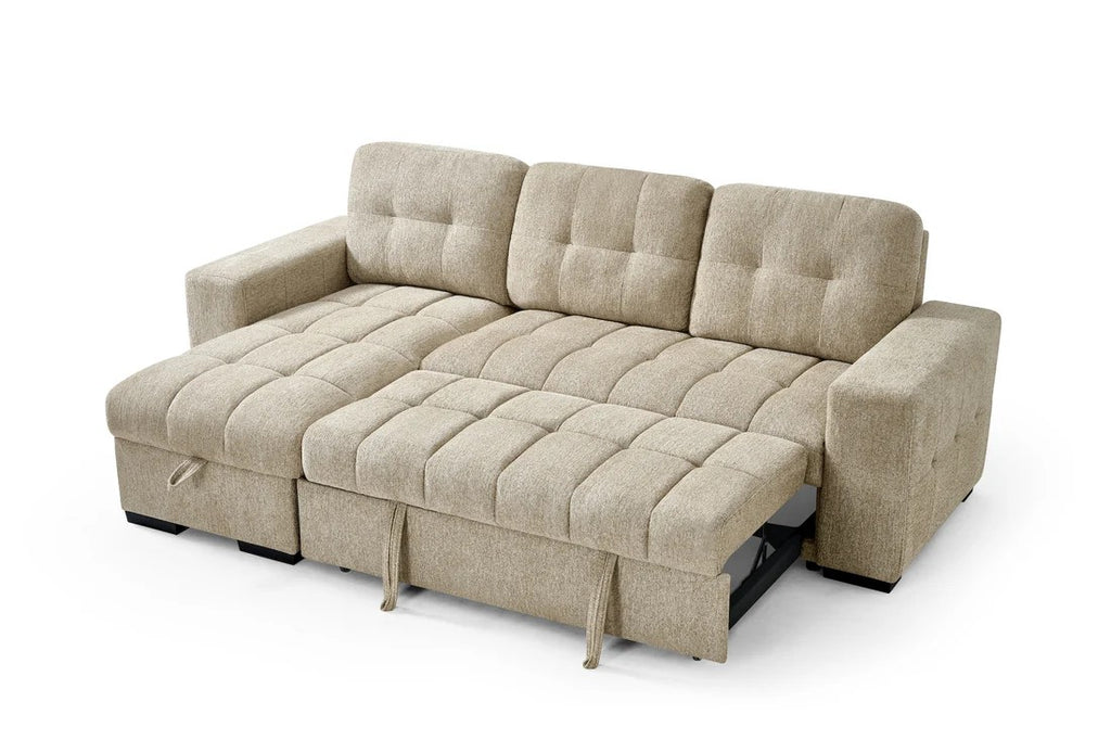 Sicilian beige corner sofa bed converted to sleeping position