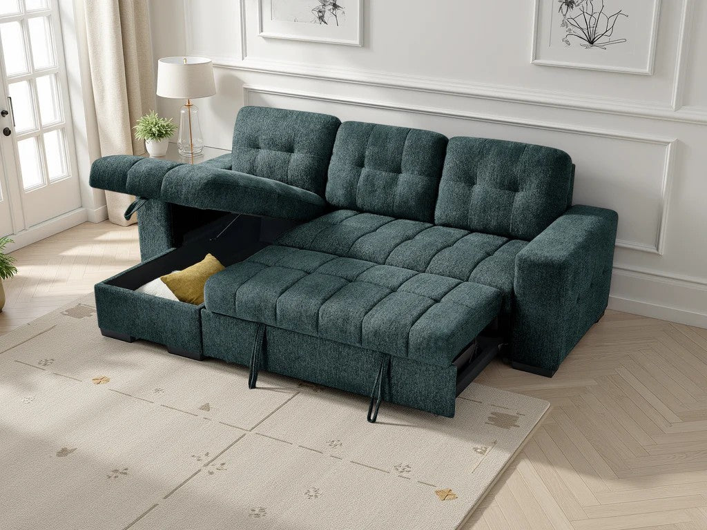 Sicilian teal corner sofa bed converted to sleeping position