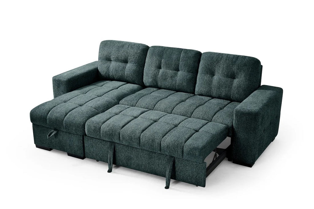 Sicilian teal sofa bed detail showing European sleeper mechanism