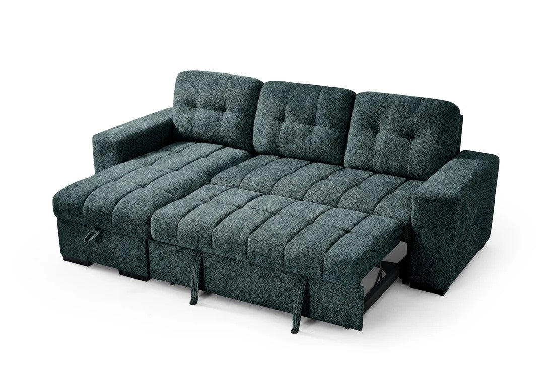 Sicilian teal sofa bed detail showing European sleeper mechanism