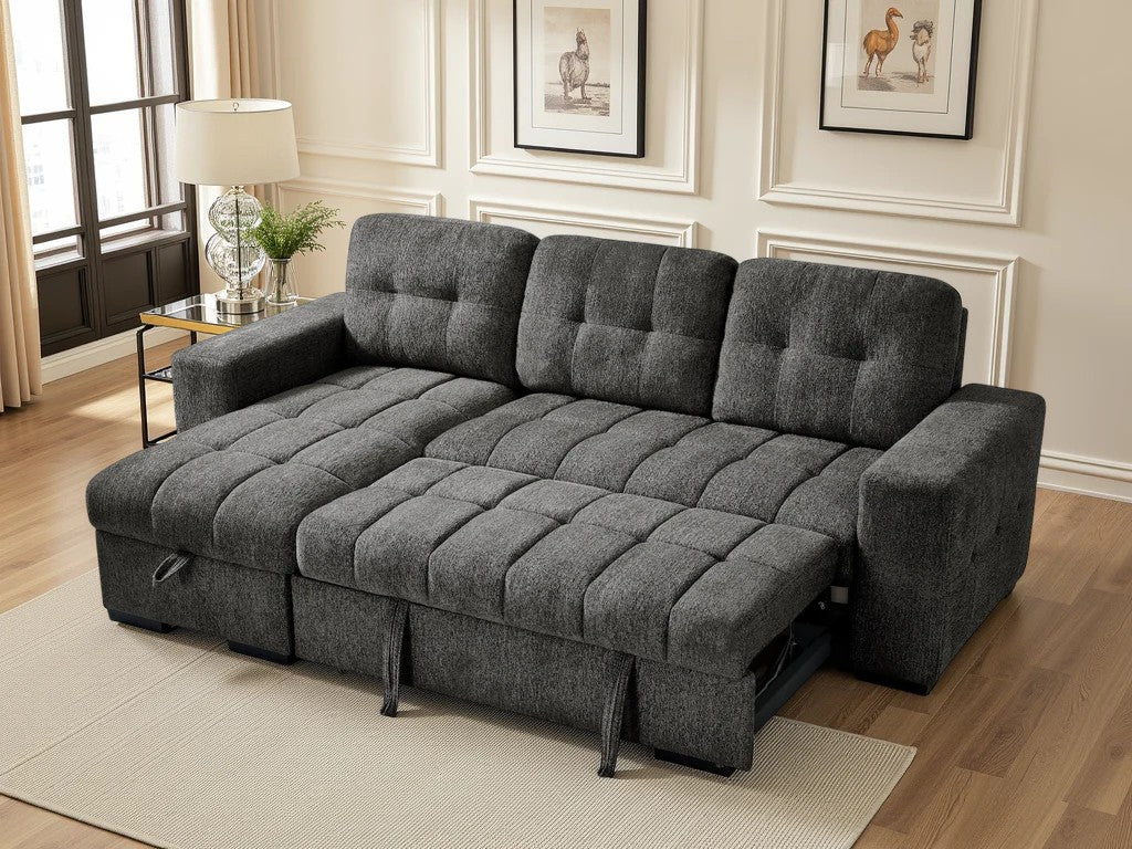 Sicilian grey corner sofa bed converted to sleeping position