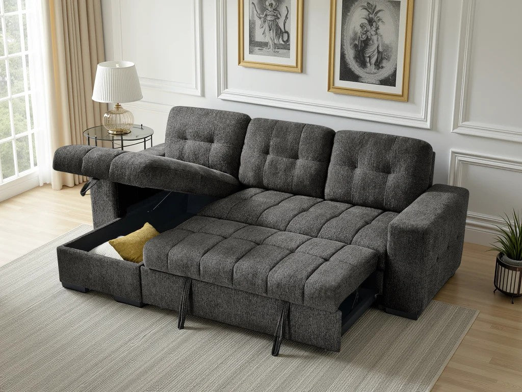 Sicilian grey sofa bed detail showing European sleeper mechanism