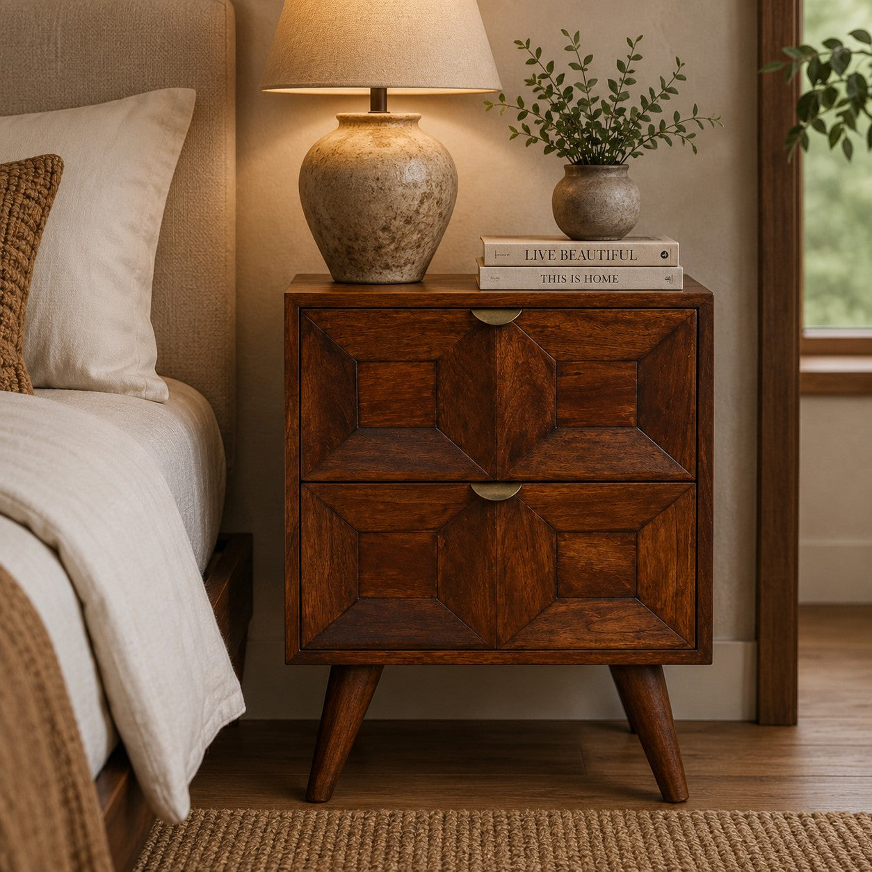 Remy Solid Wood Bedside Table - Chestnut Finish