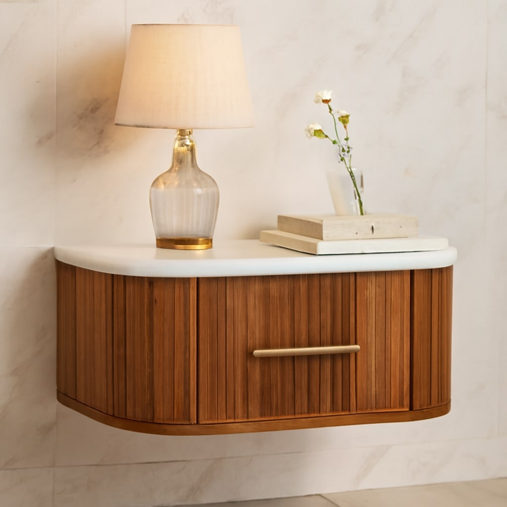 Milan Solid Wood Floating Bedside Table With Mable Top