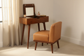 Dakota tan buffalo leather stool with backrest and chestnut mango wood legs – front view