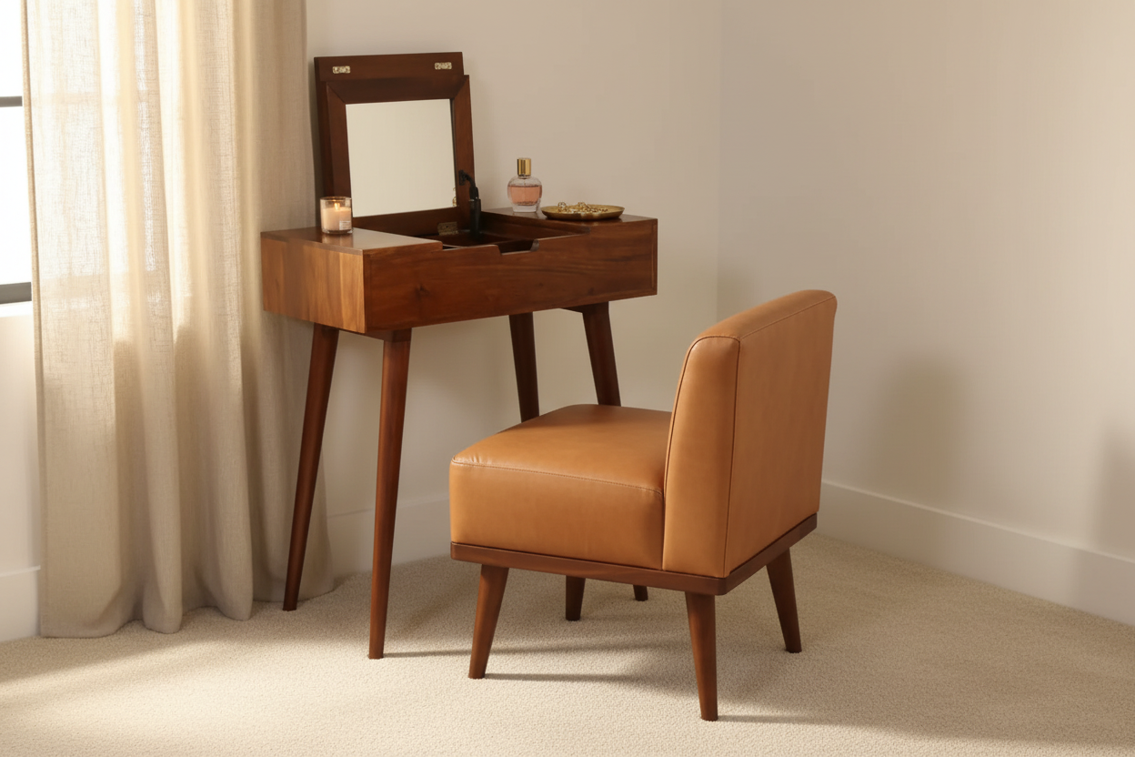 Dakota tan buffalo leather stool with backrest and chestnut mango wood legs – front view
