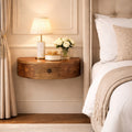 Curved floating chestnut bedside table wall-mounted solid mango wood with 1 drawer – front view