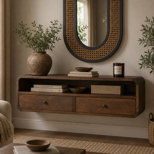 Bali floating chestnut console table solid mango wood with 2 drawers – front view