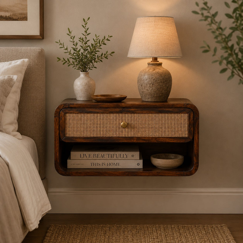 Sora Solid Wood Floating Bedside Table - Chestnut Finish