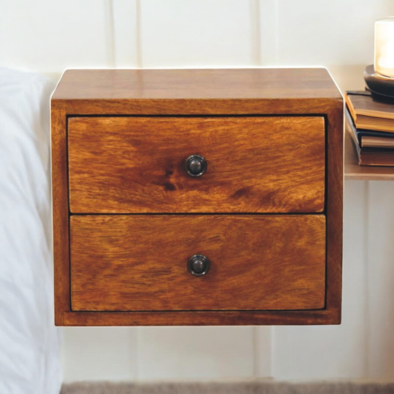 Astrid Mini Floating 2-Drawer Solid Wood Bedside Table - Chestnut Finish