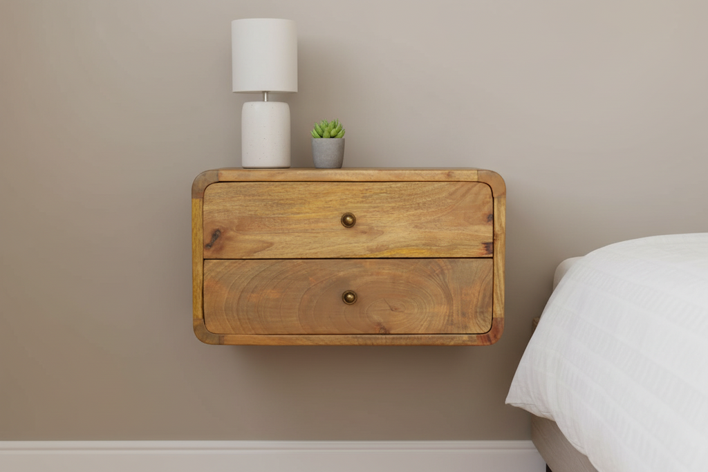 Luna floating oak bedside table wall-mounted solid mango wood with 2 drawers – front view