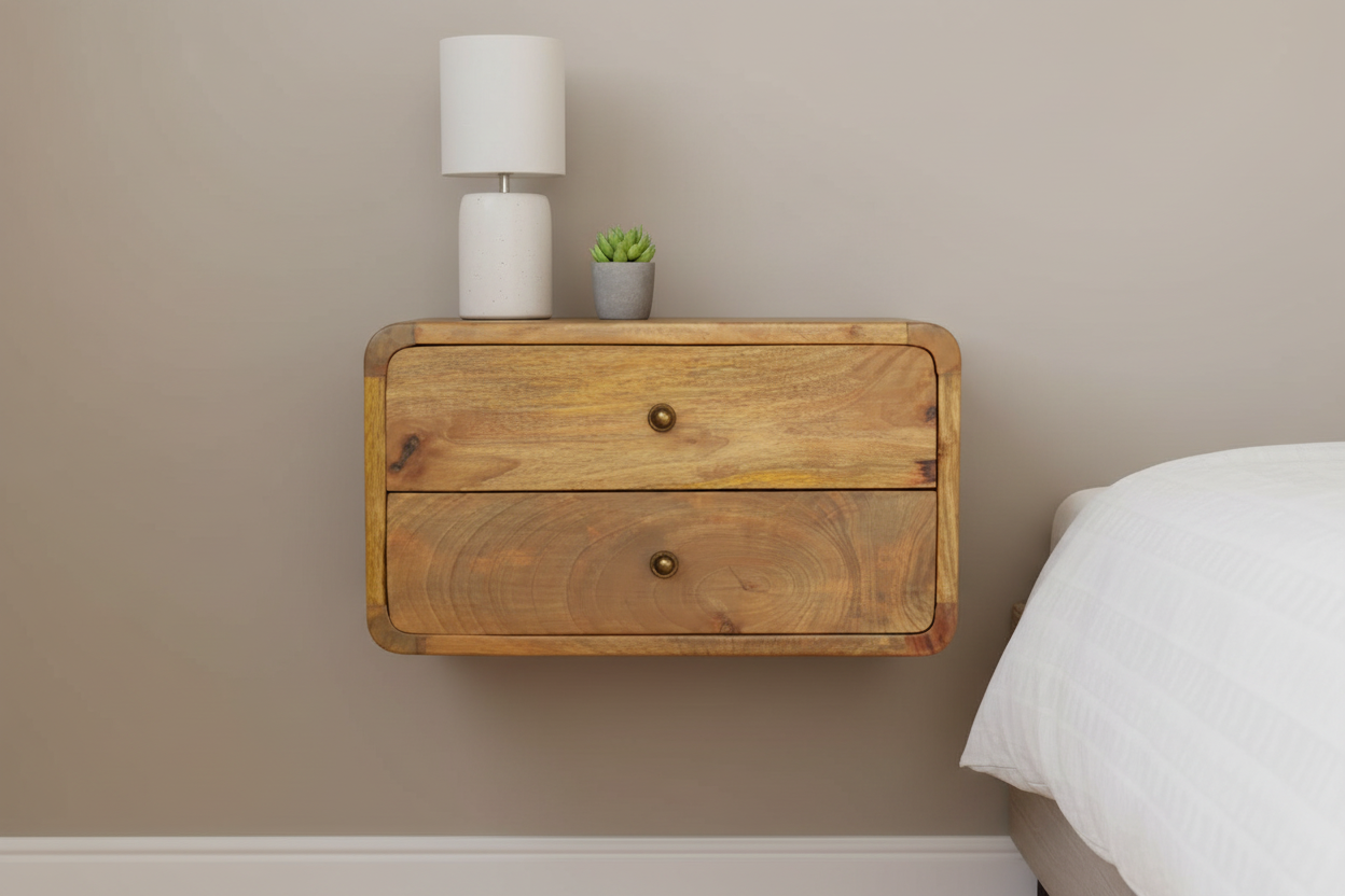 Luna floating oak bedside table wall-mounted solid mango wood with 2 drawers – front view