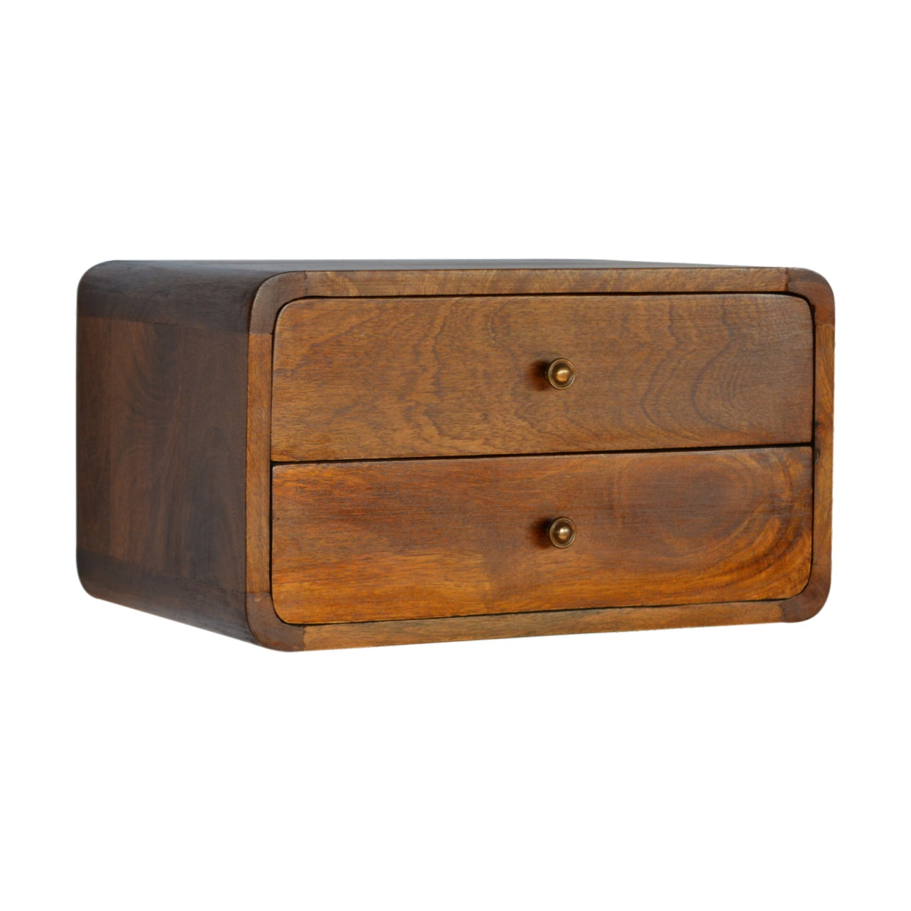 Beaumont floating 2-drawer chestnut bedside side view on wall