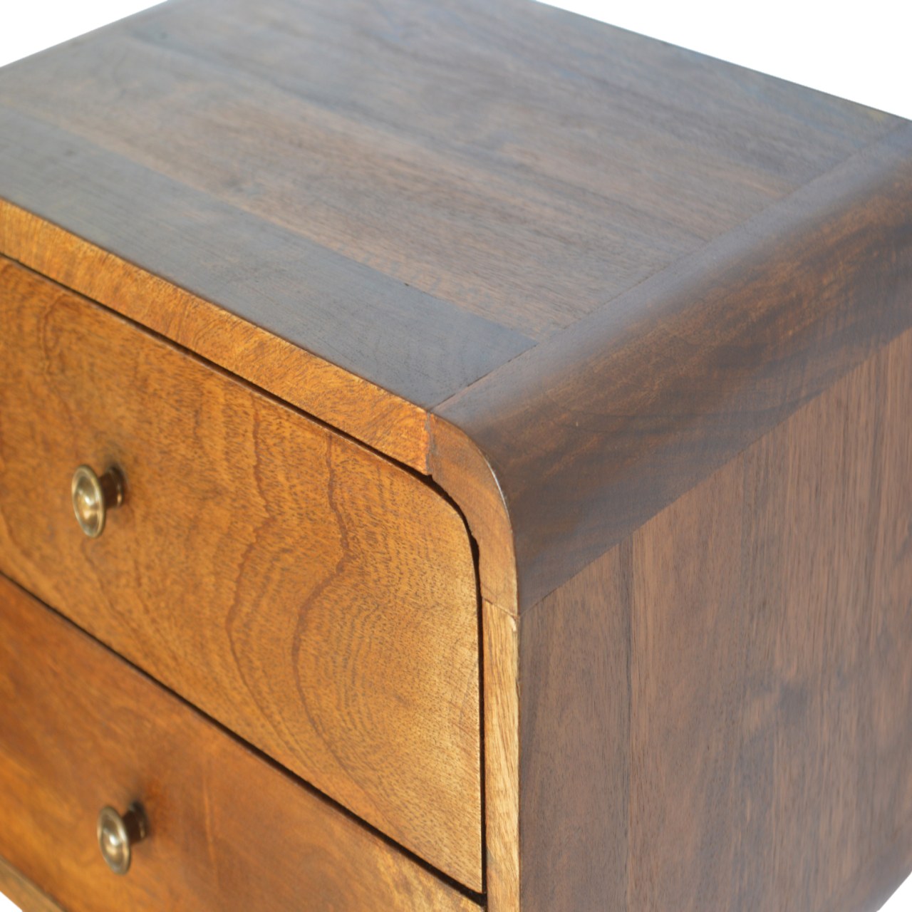 Beaumont floating 2-drawer chestnut bedside in compact bedroom