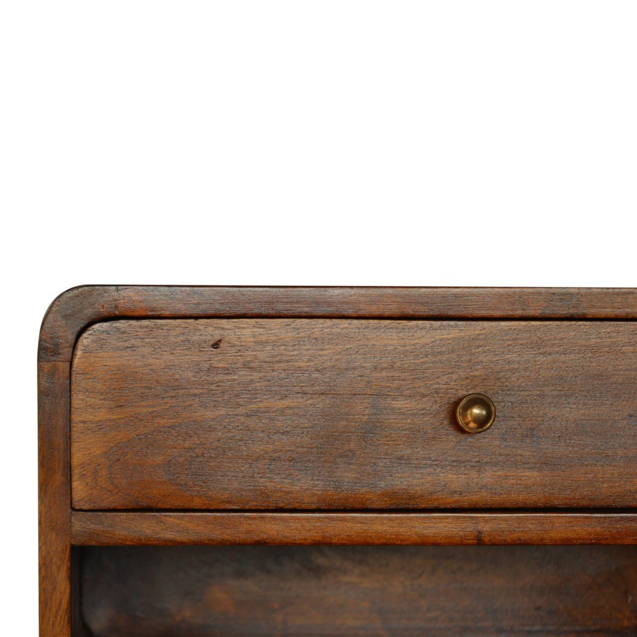 Beaumont floating chestnut bedside in compact bedroom